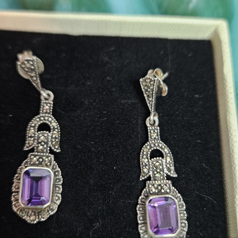 Elegant Vintage  Silver and Amethyst  Drop Earrings